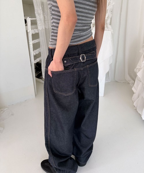 4INT.(フォイント)の「ノンフェード バックル ステッチ インディゴ ワイド デニム パンツ(デニムパンツ・レディース・ダークブルー・L/M/S)」の14枚目の写真