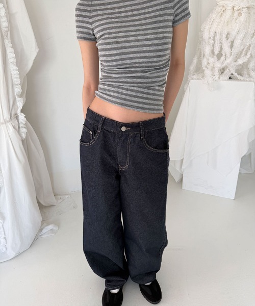 4INT.(フォイント)の「ノンフェード バックル ステッチ インディゴ ワイド デニム パンツ(デニムパンツ・レディース・ダークブルー・L/M/S)」の15枚目の写真