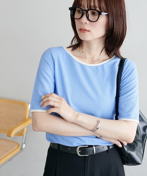 DISCOAT(ディスコート)の「【WEB限定】前後2WAY配色シアーリブ半袖Tシャツ(Tシャツ/カットソー・レディース・ブラック/ブルー/ホワイト・MEDIUM)」の3枚目の写真