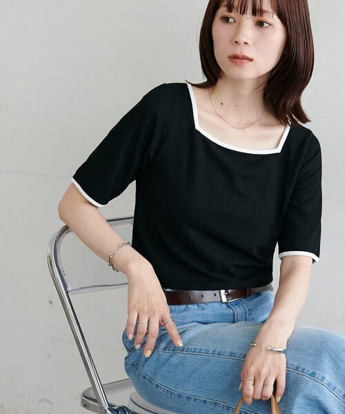 DISCOAT(ディスコート)の「【WEB限定】前後2WAY配色シアーリブ半袖Tシャツ(Tシャツ/カットソー・レディース・ブラック/ブルー/ホワイト・MEDIUM)」の1枚目の写真