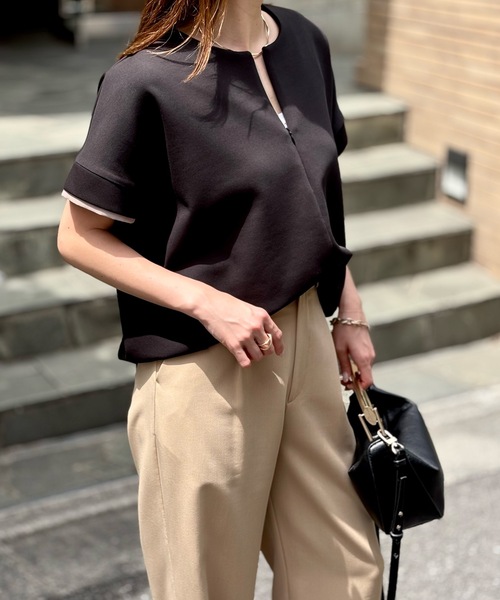 Emma Taylor（エマテイラー）の「ライトダンボールフロント2wayバイカラーダブルスリーブプルオーバー（Tシャツ/カットソー・レディース・ブラック/ネイビー/ホワイト/ベージュ・FREE）」の7枚目の写真