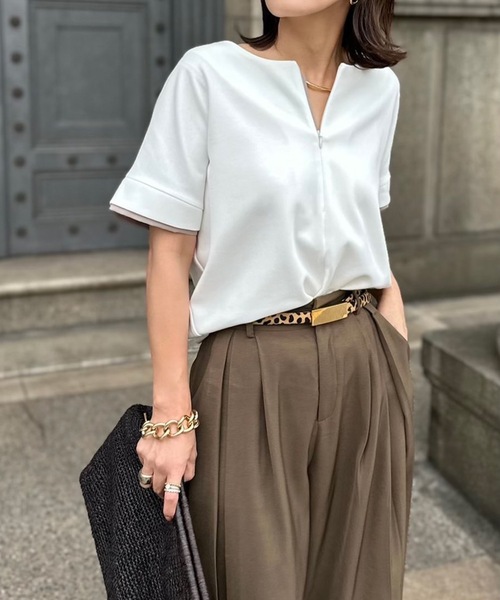 Emma Taylor（エマテイラー）の「ライトダンボールフロント2wayバイカラーダブルスリーブプルオーバー（Tシャツ/カットソー・レディース・ブラック/ネイビー/ホワイト/ベージュ・FREE）」の14枚目の写真