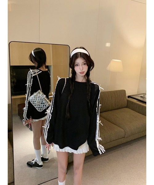Bling Leads(ブリングリーズ)の「【Bls】 【ZL】【Bling Leads】レース×リボン スウェットトップス(Tシャツ/カットソー・レディース・ブラック・FREE)」の1枚目の写真