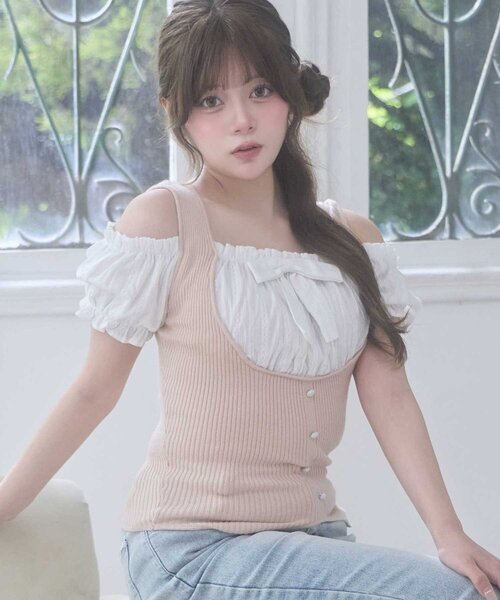 OLIVE des OLIVE(オリーブデオリーブ)の「【Belle Charme】Rib Knit Docking Blouse(ニット/セーター・レディース・チャコールグレー/ベージュ/ブラック・FREE)」の3枚目の写真