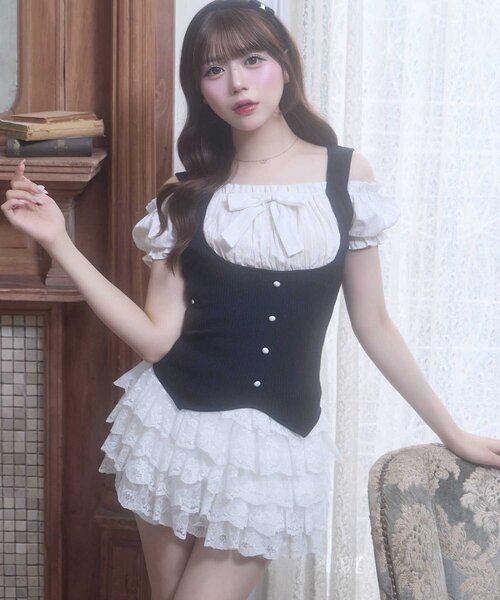OLIVE des OLIVE(オリーブデオリーブ)の「【Belle Charme】Rib Knit Docking Blouse(ニット/セーター・レディース・チャコールグレー/ベージュ/ブラック・FREE)」の14枚目の写真