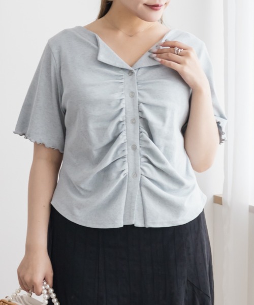 CLETTE(クレット)の「CLETTEオリジナルオープンカラーギャザートップス(Tシャツ/カットソー・レディース・グレー/ブラック/オートミール・4L/3L/LL)」の15枚目の写真