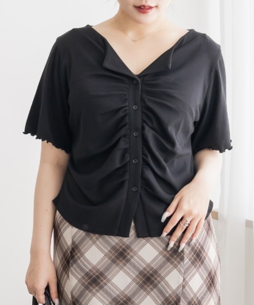CLETTE(クレット)の「CLETTEオリジナルオープンカラーギャザートップス(Tシャツ/カットソー・レディース・グレー/ブラック/オートミール・4L/3L/LL)」の12枚目の写真