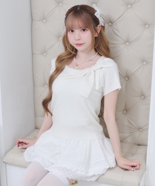Rmine（アールマイン）の「ビッグ リボン リブ ニット トップス（半袖）（Tシャツ/カットソー・レディース・ホワイト/イエロー/ピンク/グレー・FREE）」の5枚目の写真