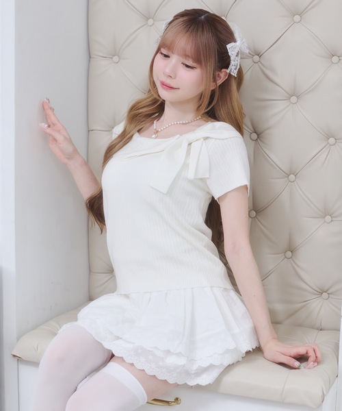 Rmine（アールマイン）の「ビッグ リボン リブ ニット トップス（半袖）（Tシャツ/カットソー・レディース・ホワイト/イエロー/ピンク/グレー・FREE）」の6枚目の写真