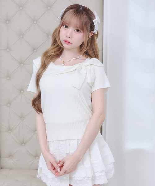 Rmine（アールマイン）の「ビッグ リボン リブ ニット トップス（半袖）（Tシャツ/カットソー・レディース・ホワイト/イエロー/ピンク/グレー・FREE）」の7枚目の写真
