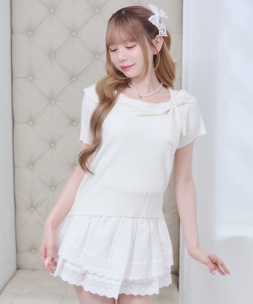 Rmine（アールマイン）の「ビッグ リボン リブ ニット トップス（半袖）（Tシャツ/カットソー・レディース・ホワイト/イエロー/ピンク/グレー・FREE）」の8枚目の写真