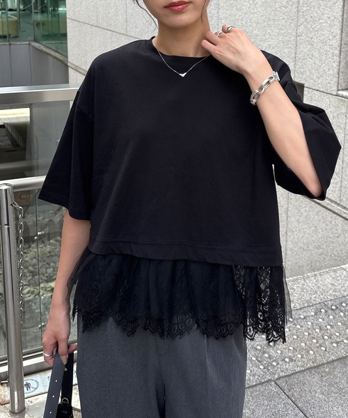 NOGLE（ノグル）の「【NOGLE select/ノグルセレクト】裾レース レイヤード トップス（Tシャツ/カットソー・レディース・ブラック/オフホワイト/チャコール・FREE）」の2枚目の写真