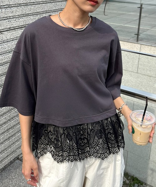 NOGLE（ノグル）の「【NOGLE select/ノグルセレクト】裾レース レイヤード トップス（Tシャツ/カットソー・レディース・ブラック/オフホワイト/チャコール・FREE）」の14枚目の写真