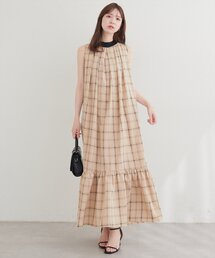 リボン付きノースリチェックワンピース
