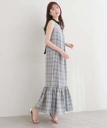 リボン付きノースリチェックワンピース