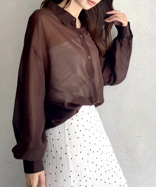TREOVER（トレオーバー）の「上品な透け感が魅力のオーバーサイズシアーシャツ（シャツ/ブラウス・レディース・ダークブラウン/ブラック/ブルー/オフホワイト・FREE）」の5枚目の写真