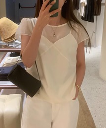 フェイクレイヤードビスチェ付きシアー半袖ブラウス