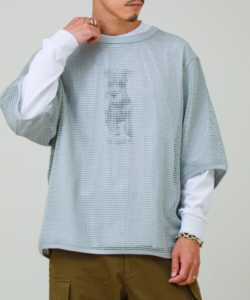 GLOSTER(グロスター)の「3/4スリーブメッシュTシャツ シアーT 7分袖 オーバーサイズ(Tシャツ/カットソー・メンズ・グレイッシュブルー/ブラック/アイボリー・S/L/M)」の3枚目の写真
