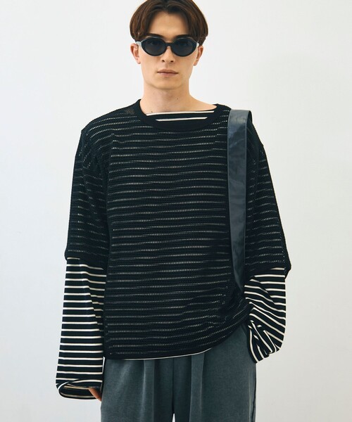 GLOSTER(グロスター)の「3/4スリーブメッシュTシャツ シアーT 7分袖 オーバーサイズ(Tシャツ/カットソー・メンズ・グレイッシュブルー/ブラック/アイボリー・S/L/M)」の4枚目の写真