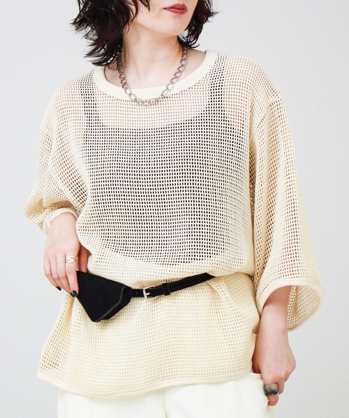 GLOSTER(グロスター)の「3/4スリーブメッシュTシャツ シアーT 7分袖 オーバーサイズ(Tシャツ/カットソー・メンズ・グレイッシュブルー/ブラック/アイボリー・S/L/M)」の8枚目の写真