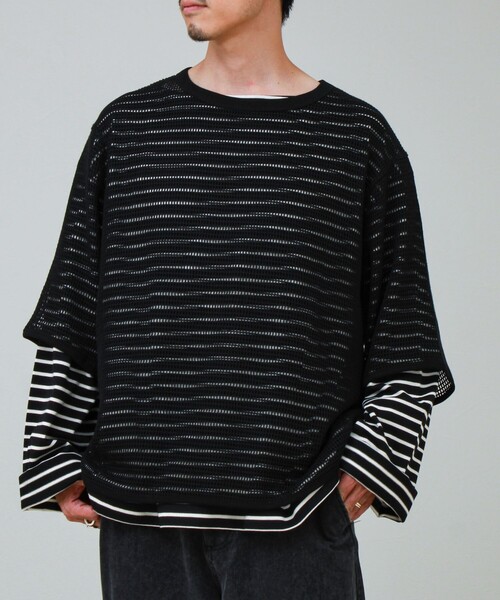 GLOSTER(グロスター)の「3/4スリーブメッシュTシャツ シアーT 7分袖 オーバーサイズ(Tシャツ/カットソー・メンズ・グレイッシュブルー/ブラック/アイボリー・S/L/M)」の18枚目の写真