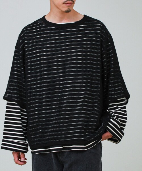 GLOSTER(グロスター)の「3/4スリーブメッシュTシャツ シアーT 7分袖 オーバーサイズ(Tシャツ/カットソー・メンズ・グレイッシュブルー/ブラック/アイボリー・S/L/M)」の19枚目の写真