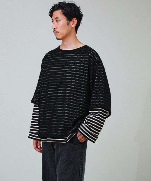 GLOSTER(グロスター)の「3/4スリーブメッシュTシャツ シアーT 7分袖 オーバーサイズ(Tシャツ/カットソー・メンズ・グレイッシュブルー/ブラック/アイボリー・S/L/M)」の20枚目の写真