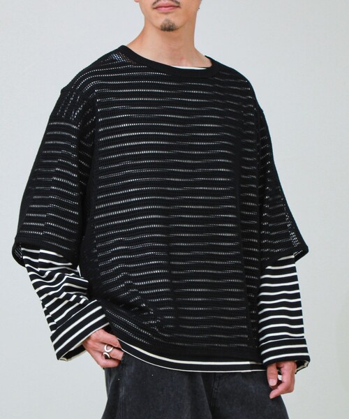 GLOSTER(グロスター)の「3/4スリーブメッシュTシャツ シアーT 7分袖 オーバーサイズ(Tシャツ/カットソー・メンズ・グレイッシュブルー/ブラック/アイボリー・S/L/M)」の22枚目の写真