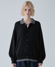 【VELNUS】Fake Layered Color-Blocked Knit Shirt Cardigan/フェイクレイヤード配色 ニットシャツカーディガン