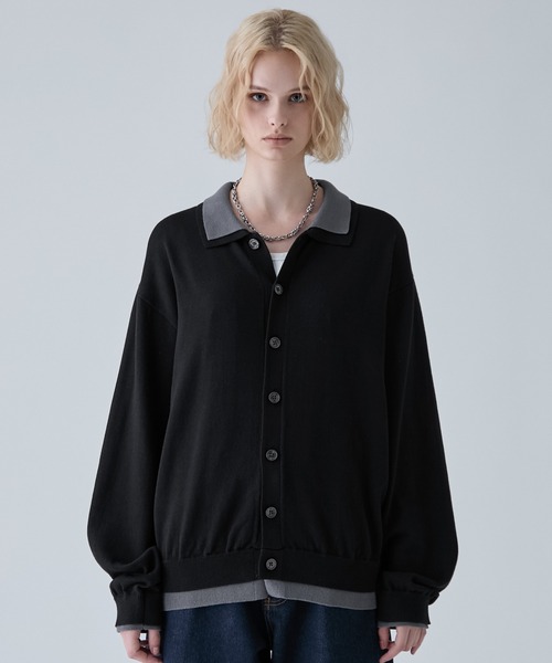 VELNUS(ベルナス)の「【VELNUS】Fake Layered Color-Blocked Knit Shirt Cardigan/フェイクレイヤード配色 ニットシャツカーディガン(シャツ/ブラウス・メンズ・ライトブルー/チャコールグレー/ブルー・S/L/M)」の2枚目の写真