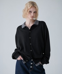 VELNUS（ベルナス）の「【VELNUS】Fake Layered Color-Blocked Knit Shirt Cardigan/フェイクレイヤード配色 ニットシャツカーディガン（シャツ/ブラウス）」