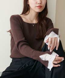 袖口レース使いスクエアネックプルオーバー