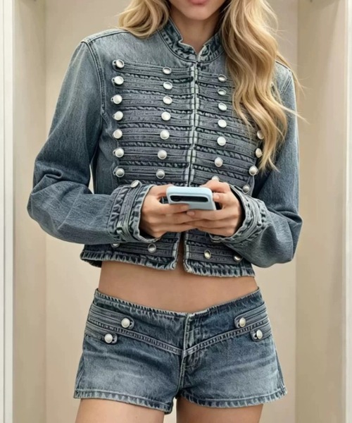 lulufa(ルルファ)の「ダブルボタン デニムナポレオンジャケット(デニムジャケット・レディース・ブラック/ブルー・LARGE/MEDIUM)」の13枚目の写真