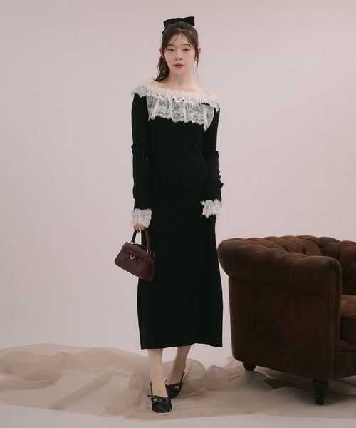 fupel(フぺル)の「lace knit long onepiece / レースニットロングワンピース(ワンピース・レディース・モカ/アイボリー/ブラック・FREE)」の2枚目の写真