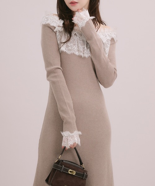 fupel(フぺル)の「lace knit long onepiece / レースニットロングワンピース(ワンピース・レディース・モカ/アイボリー/ブラック・FREE)」の3枚目の写真