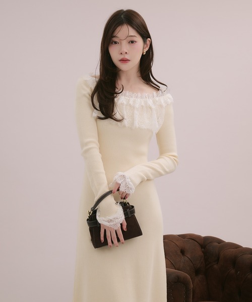 fupel(フぺル)の「lace knit long onepiece / レースニットロングワンピース(ワンピース・レディース・モカ/アイボリー/ブラック・FREE)」の4枚目の写真