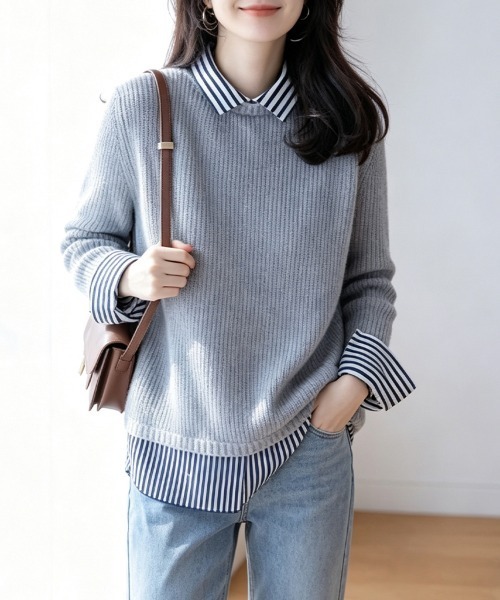 ReRe(リリ)の「ストライプ柄シャツ襟レイヤード風ドッキングニットプルオーバー(ニット/セーター・レディース・ベージュ/ブラック/ライトグレー/ネイビー・FREE)」の3枚目の写真