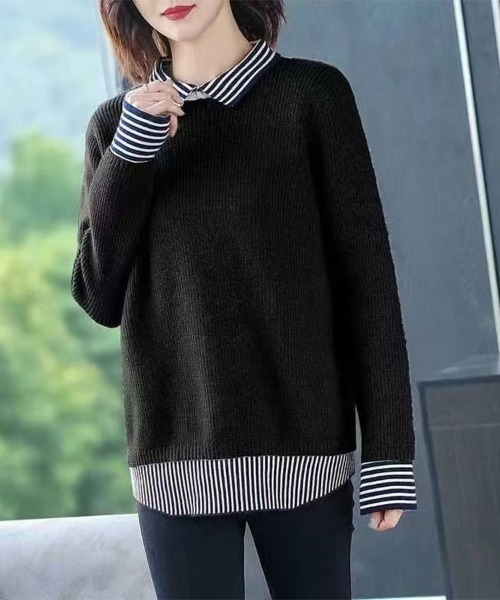 ReRe(リリ)の「ストライプ柄シャツ襟レイヤード風ドッキングニットプルオーバー(ニット/セーター・レディース・ベージュ/ブラック/ライトグレー/ネイビー・FREE)」の2枚目の写真