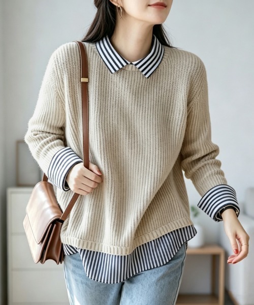 ReRe(リリ)の「ストライプ柄シャツ襟レイヤード風ドッキングニットプルオーバー(ニット/セーター・レディース・ベージュ/ブラック/ライトグレー/ネイビー・FREE)」の5枚目の写真