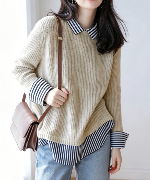 ReRe(リリ)の「ストライプ柄シャツ襟レイヤード風ドッキングニットプルオーバー(ニット/セーター・レディース・ベージュ/ブラック/ライトグレー/ネイビー・FREE)」の7枚目の写真