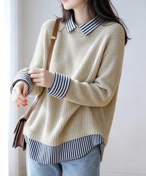 ReRe(リリ)の「ストライプ柄シャツ襟レイヤード風ドッキングニットプルオーバー(ニット/セーター・レディース・ベージュ/ブラック/ライトグレー/ネイビー・FREE)」の8枚目の写真