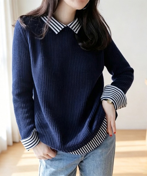 ReRe(リリ)の「ストライプ柄シャツ襟レイヤード風ドッキングニットプルオーバー(ニット/セーター・レディース・ベージュ/ブラック/ライトグレー/ネイビー・FREE)」の15枚目の写真
