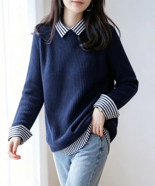 ReRe(リリ)の「ストライプ柄シャツ襟レイヤード風ドッキングニットプルオーバー(ニット/セーター・レディース・ベージュ/ブラック/ライトグレー/ネイビー・FREE)」の16枚目の写真