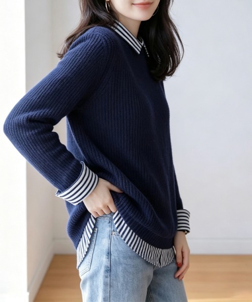 ReRe(リリ)の「ストライプ柄シャツ襟レイヤード風ドッキングニットプルオーバー(ニット/セーター・レディース・ベージュ/ブラック/ライトグレー/ネイビー・FREE)」の17枚目の写真