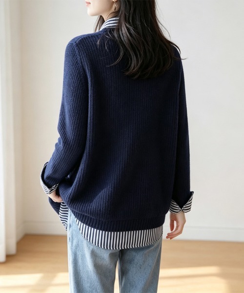 ReRe(リリ)の「ストライプ柄シャツ襟レイヤード風ドッキングニットプルオーバー(ニット/セーター・レディース・ベージュ/ブラック/ライトグレー/ネイビー・FREE)」の18枚目の写真