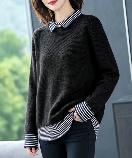 ReRe(リリ)の「ストライプ柄シャツ襟レイヤード風ドッキングニットプルオーバー(ニット/セーター・レディース・ベージュ/ブラック/ライトグレー/ネイビー・FREE)」の20枚目の写真