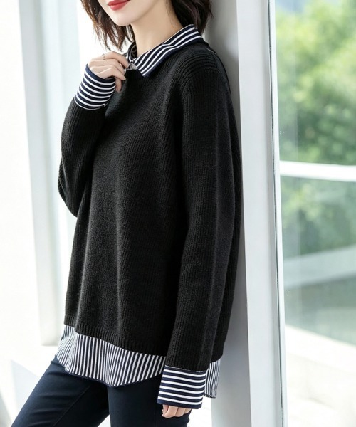 ReRe(リリ)の「ストライプ柄シャツ襟レイヤード風ドッキングニットプルオーバー(ニット/セーター・レディース・ベージュ/ブラック/ライトグレー/ネイビー・FREE)」の21枚目の写真