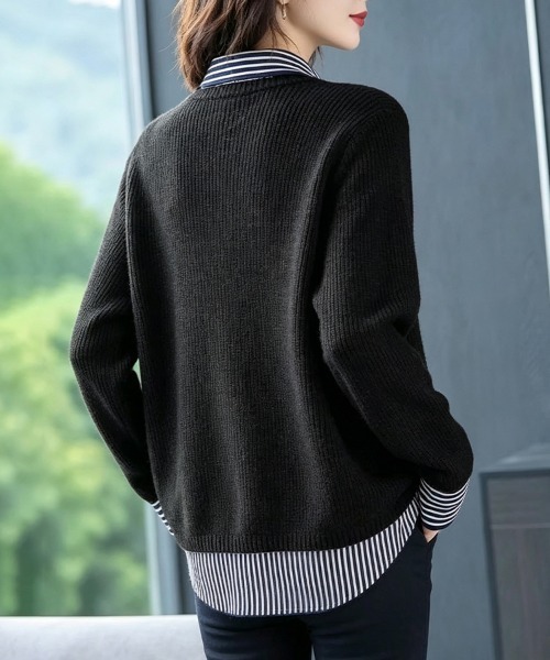 ReRe(リリ)の「ストライプ柄シャツ襟レイヤード風ドッキングニットプルオーバー(ニット/セーター・レディース・ベージュ/ブラック/ライトグレー/ネイビー・FREE)」の22枚目の写真