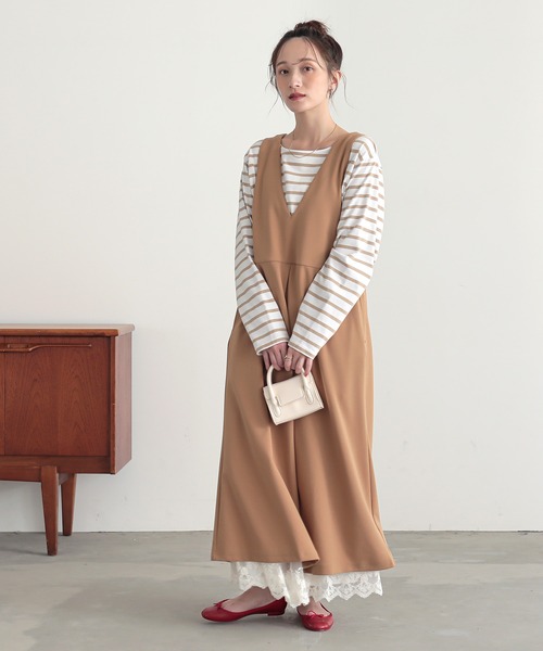 【エルマンノシェルヴィーノ】ロングワンピース　ストレッチ　ベロア　レース　38 エルマンノシェルヴィーノ】ロングワンピース ストレッチ ベロア