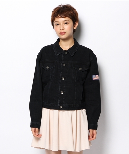 WEGO(ウィゴー)の「WEGO/デニムバック刺繍Gジャン(デニムジャケット・レディース・ブラック/ダークインディゴブルー・FREE)」の3枚目の写真